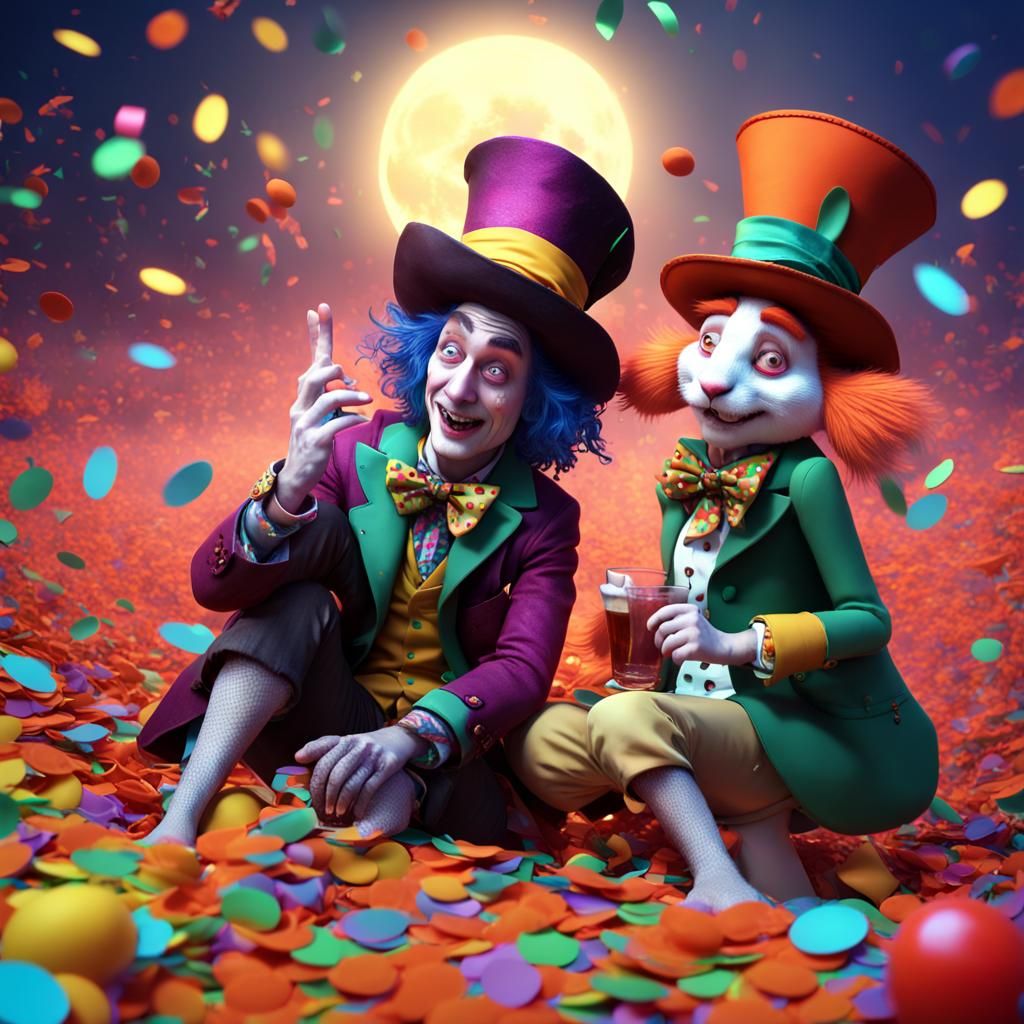 Drunk Mad Hatter and Rabbit at Moon Party