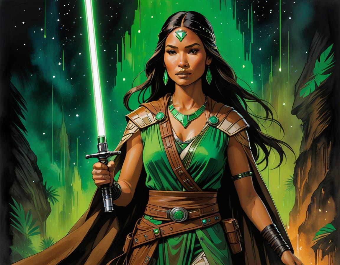 Jedi Pocahontas with Lightsaber, Alcohol Ink Art