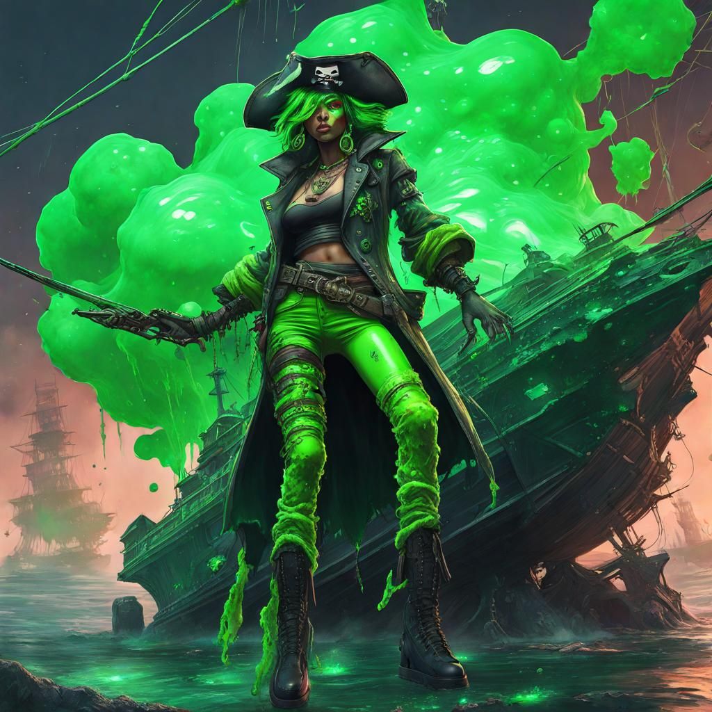 Cyberpunk Ooze Pirate Steers Ship Through Meteor Storm
