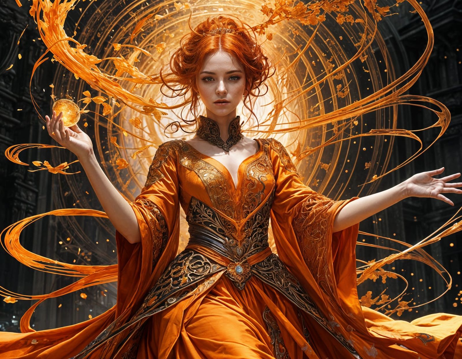 Ethereal Mage Weaves Blazing Magic Tendrils in Vibrant Orang...