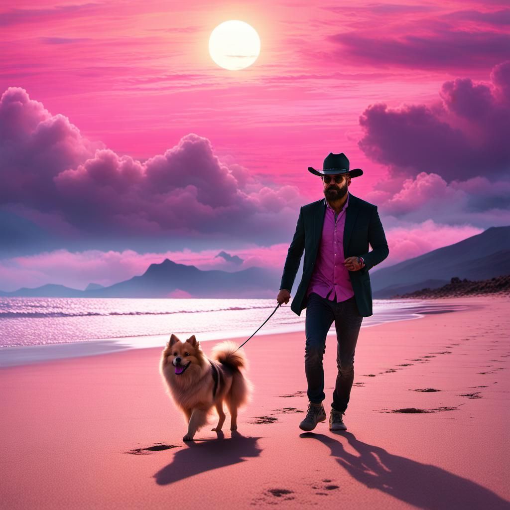 Pomeranian Dog on Beach at Sunset in Solarpunk Style