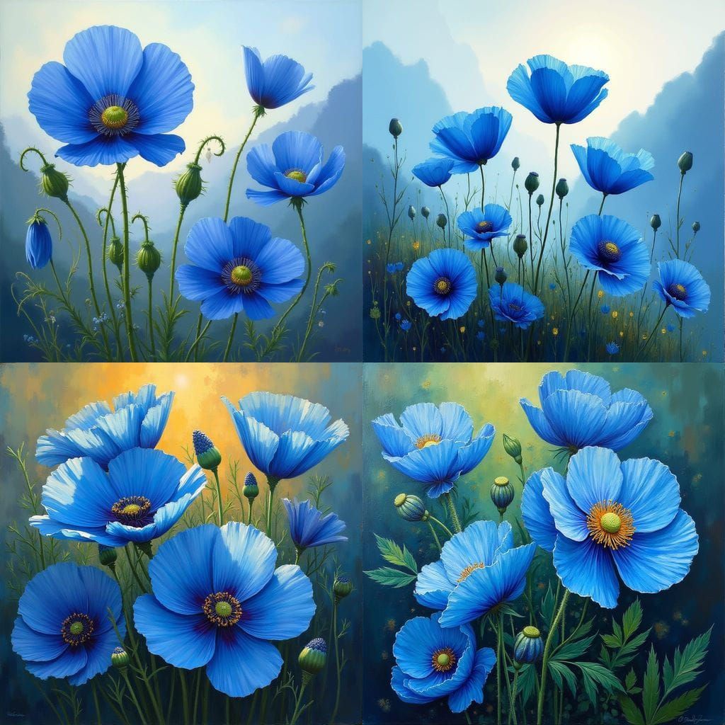 Blue Himalayan Poppies Oil Painting