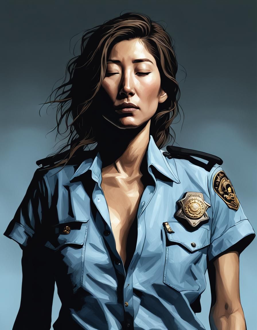 Hyperrealistic Portrait of Dichen Lachman in Police Shirt