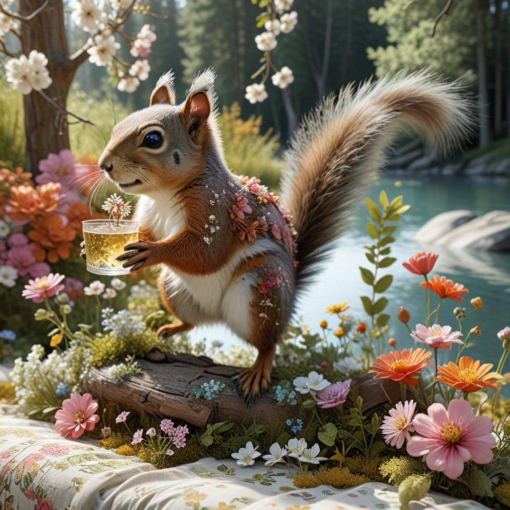 A Joyful Squirrel in a Vibrant Floral Oasis