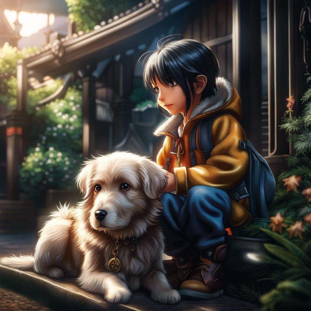 Child and Dog: Hyperrealistic Anime-Style Rendering