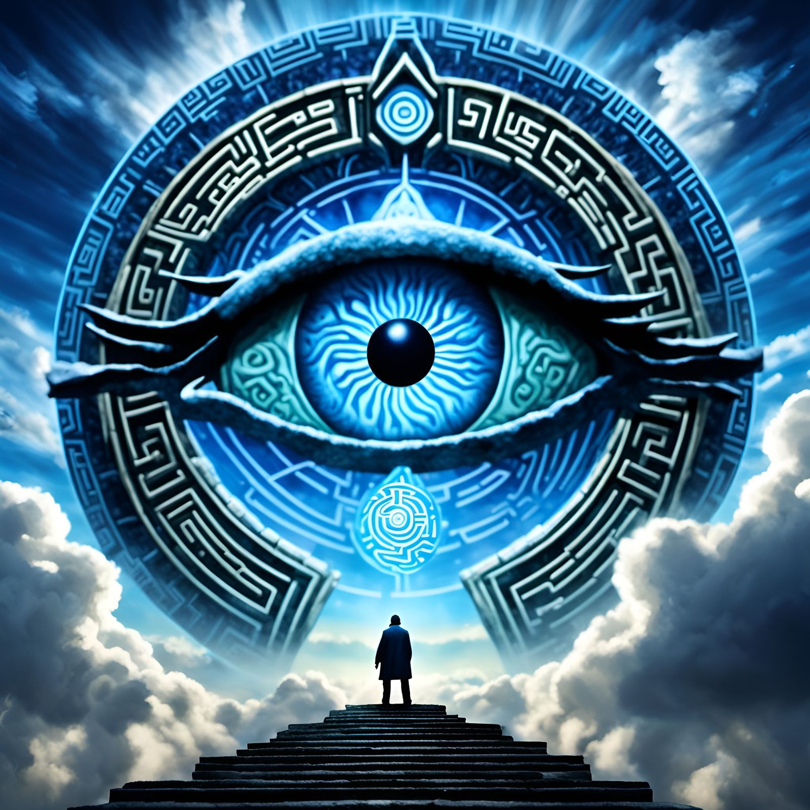 Giant Runes Eye Watches Labyrinth in Fractal Sky