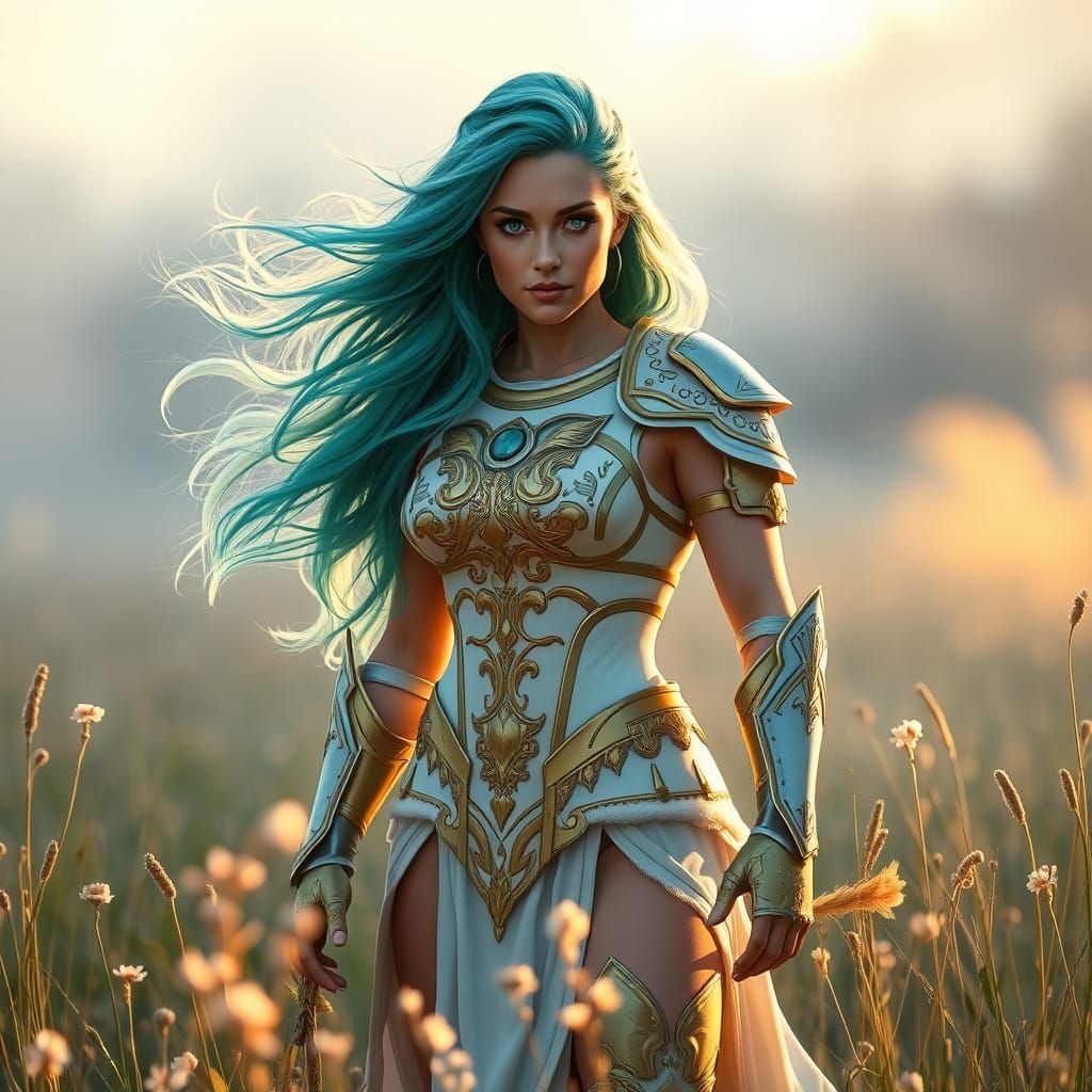 Valkyrie in Ethereal Dawn, Turquoise Hair and Armor