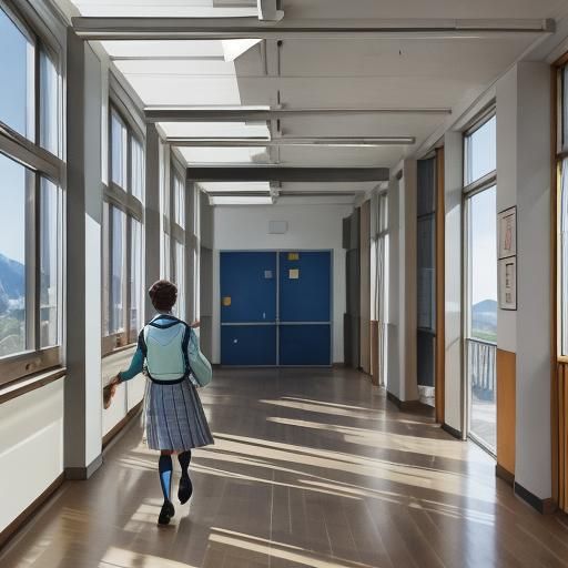 Swiss Student in Sunlit Hallway: Watercolor Painting