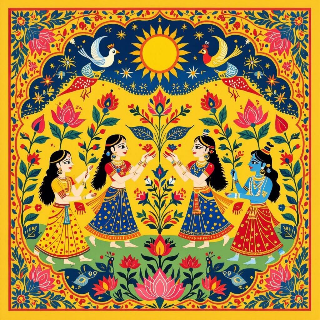 Holi Celebration in Mithila Folk-Art Style