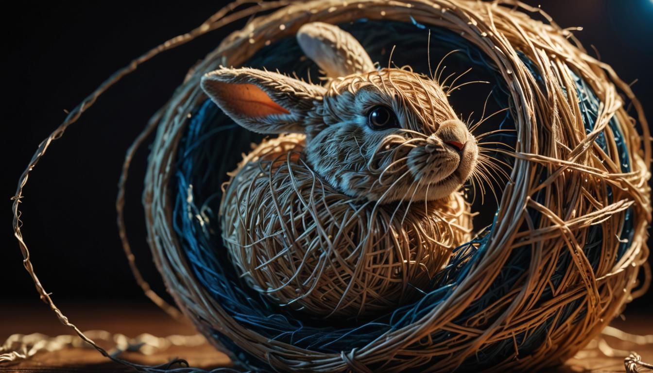 Rabbit in String Ball: Hyper-Realistic Macro Photography
