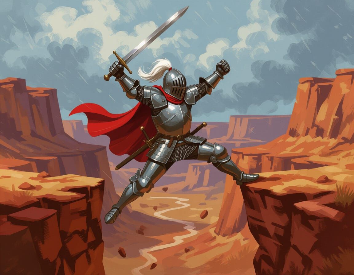 Knight's Failed Leap Over Chasm in Painterly Style