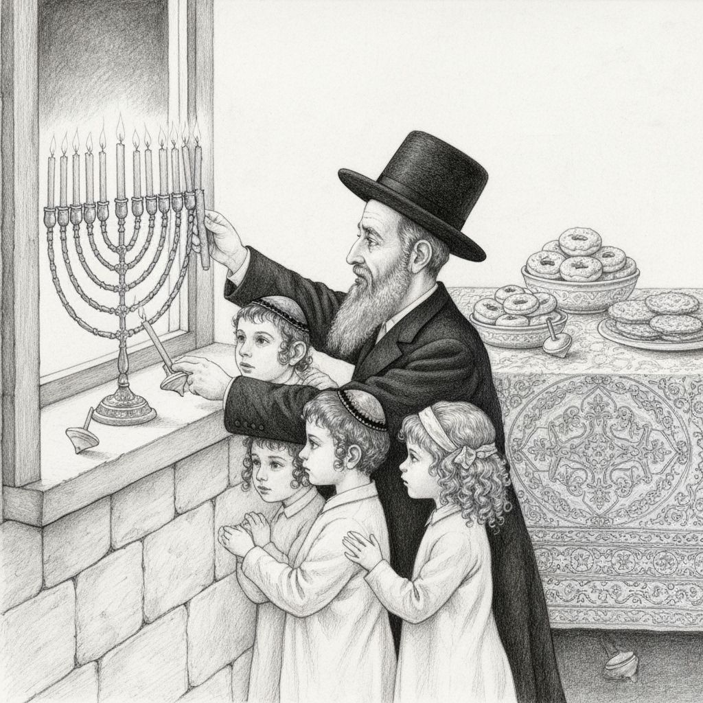 Chasidic Father Lighting Chanukah Candles in Pencil Art