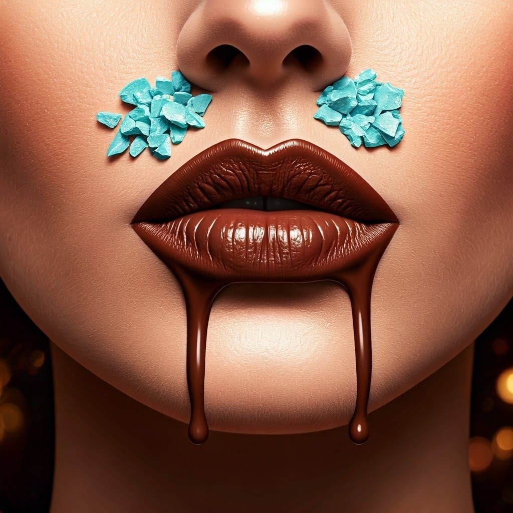 Surreal Dark Chocolate Lipstick Drips on Full Lips, Icy Mint...