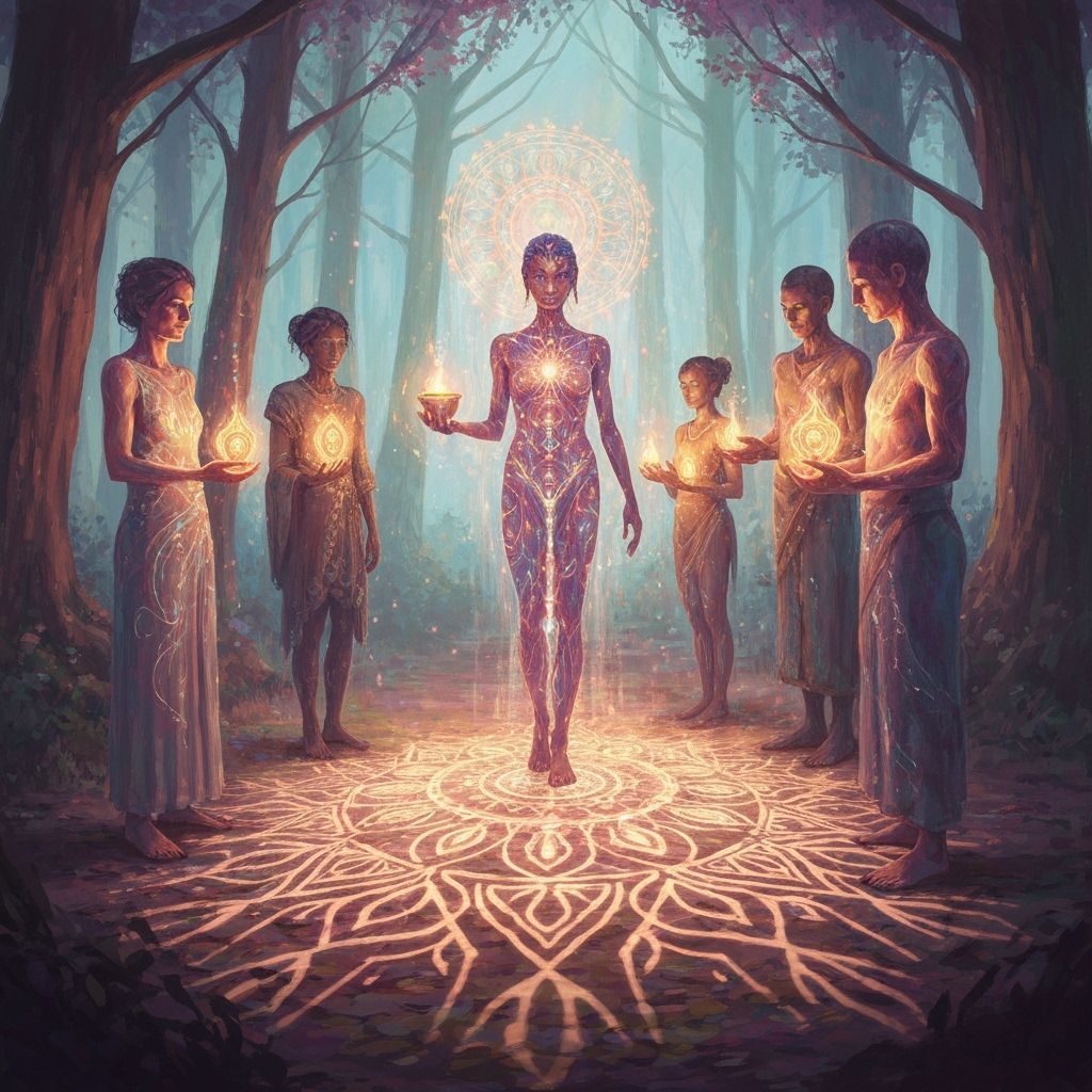 Mystical Ritual in Forest Clearing with Shimmering Souls