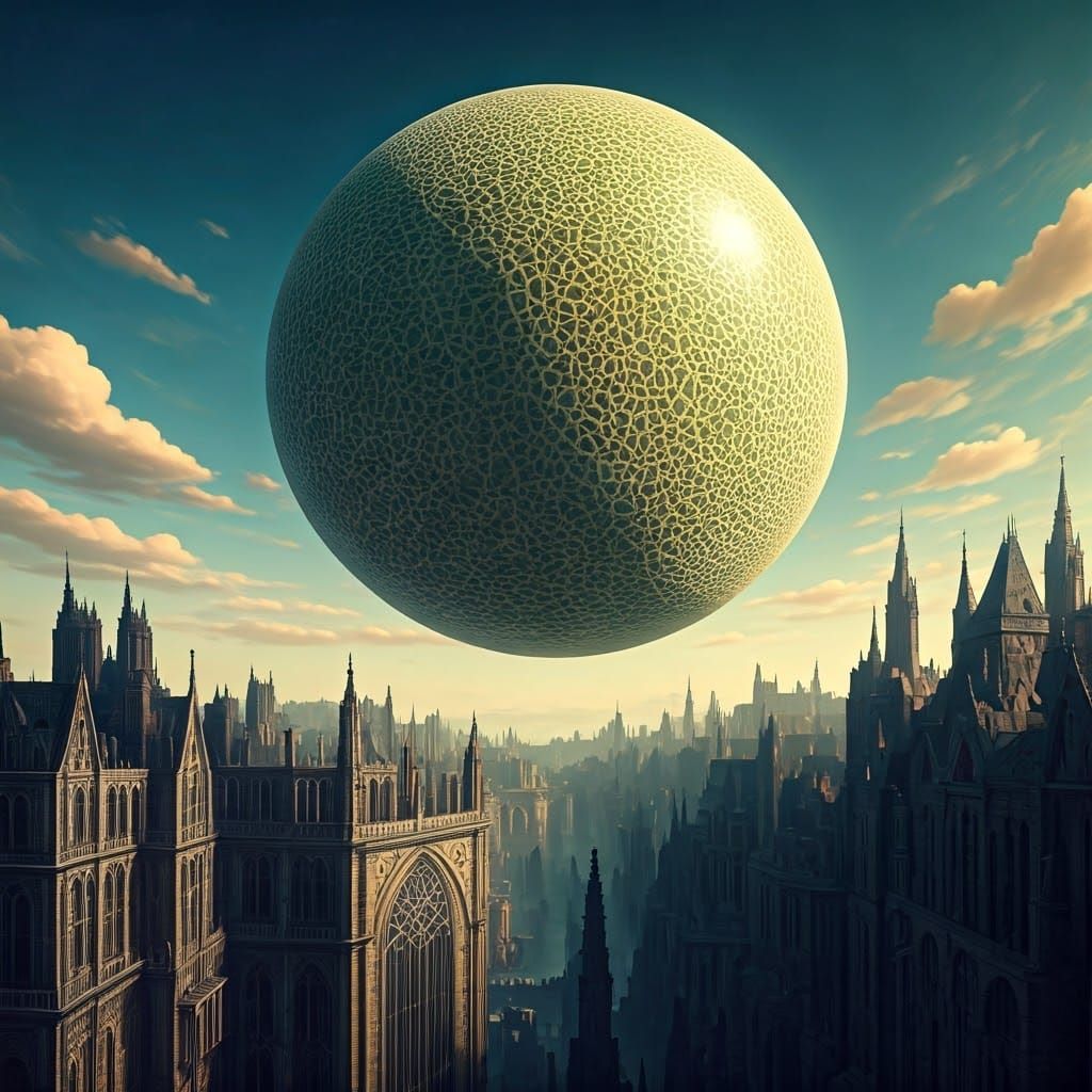 Giant Melon Zeppelin over Gothic Cityscape