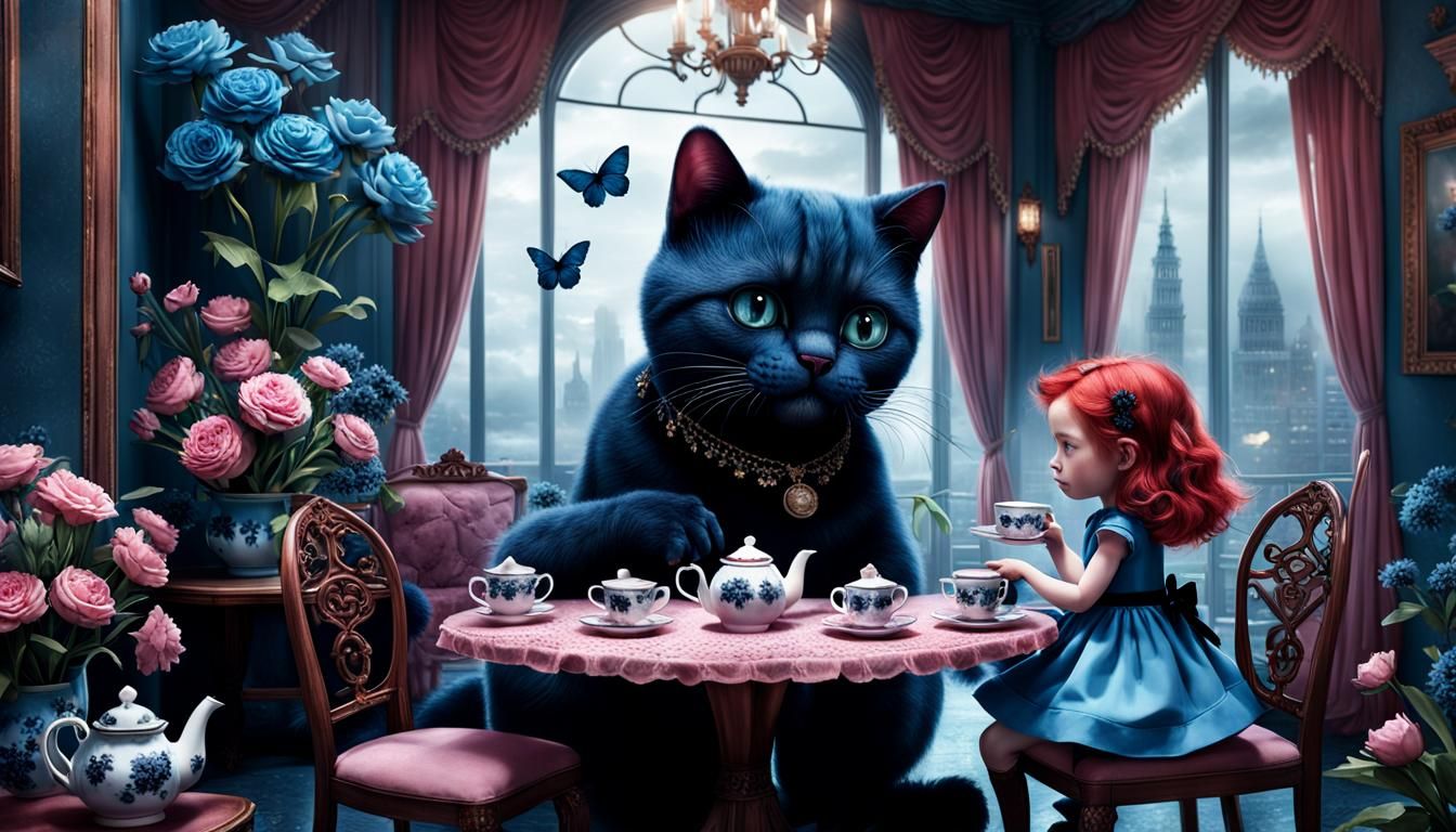 Tea Party with Giant Stuffed Blue Cat