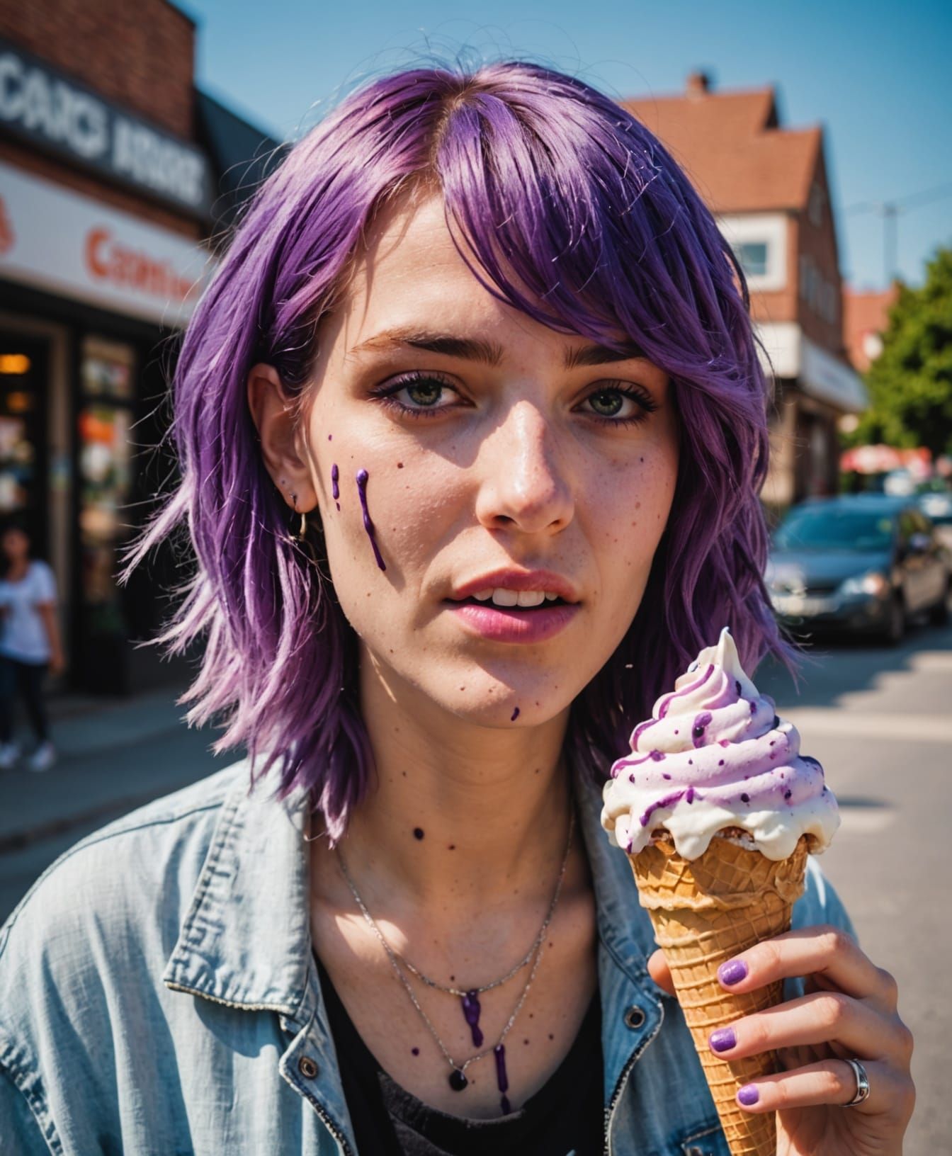 Emo Girl's Dripping Ice Cream on Summer Day