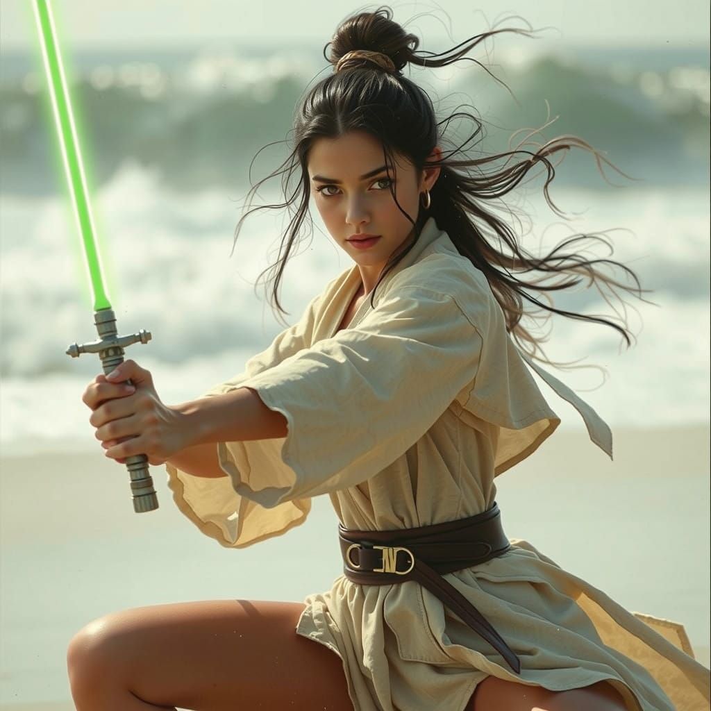 Golden Jedi Princess on Beach in Cinematic Realism