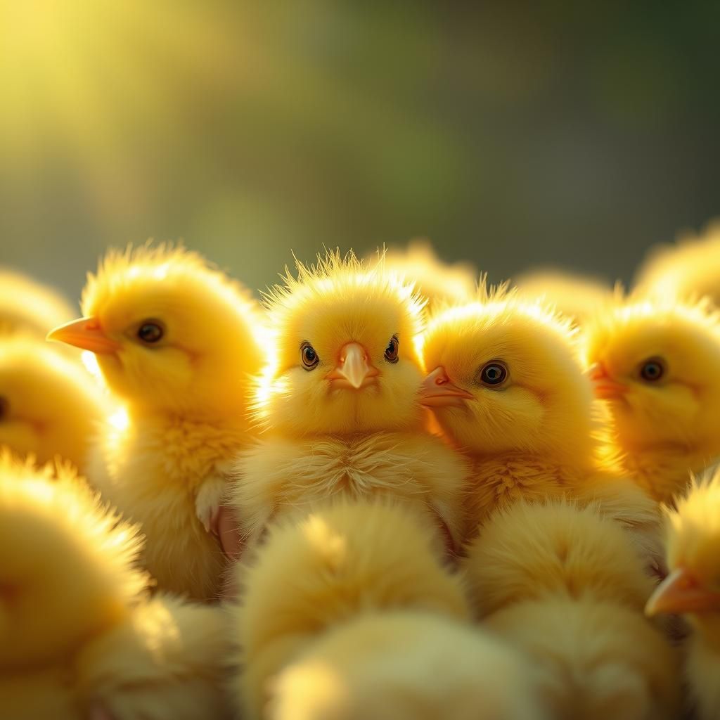 Fluffy Chicks Huddle in Radiant Sunlight: 8K Art