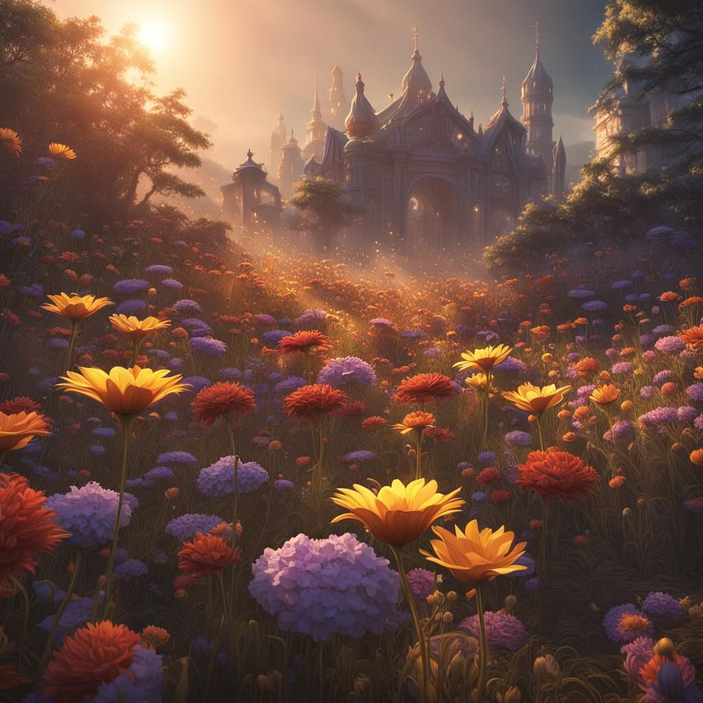 Fantastical Flowers in Sunlight: Detailed Matte Painting