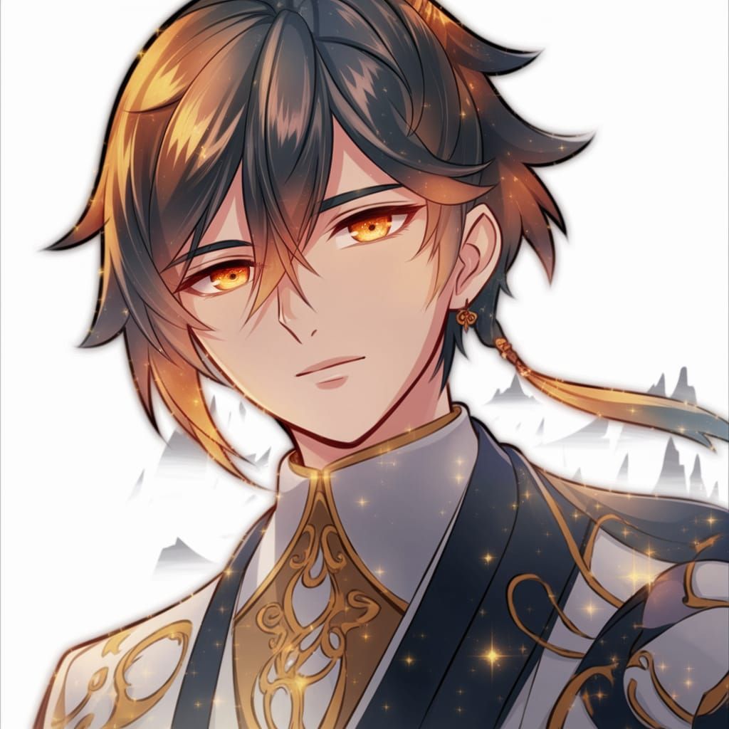 Anime Fantasy Man with Golden Eyes and Mountain Landscape