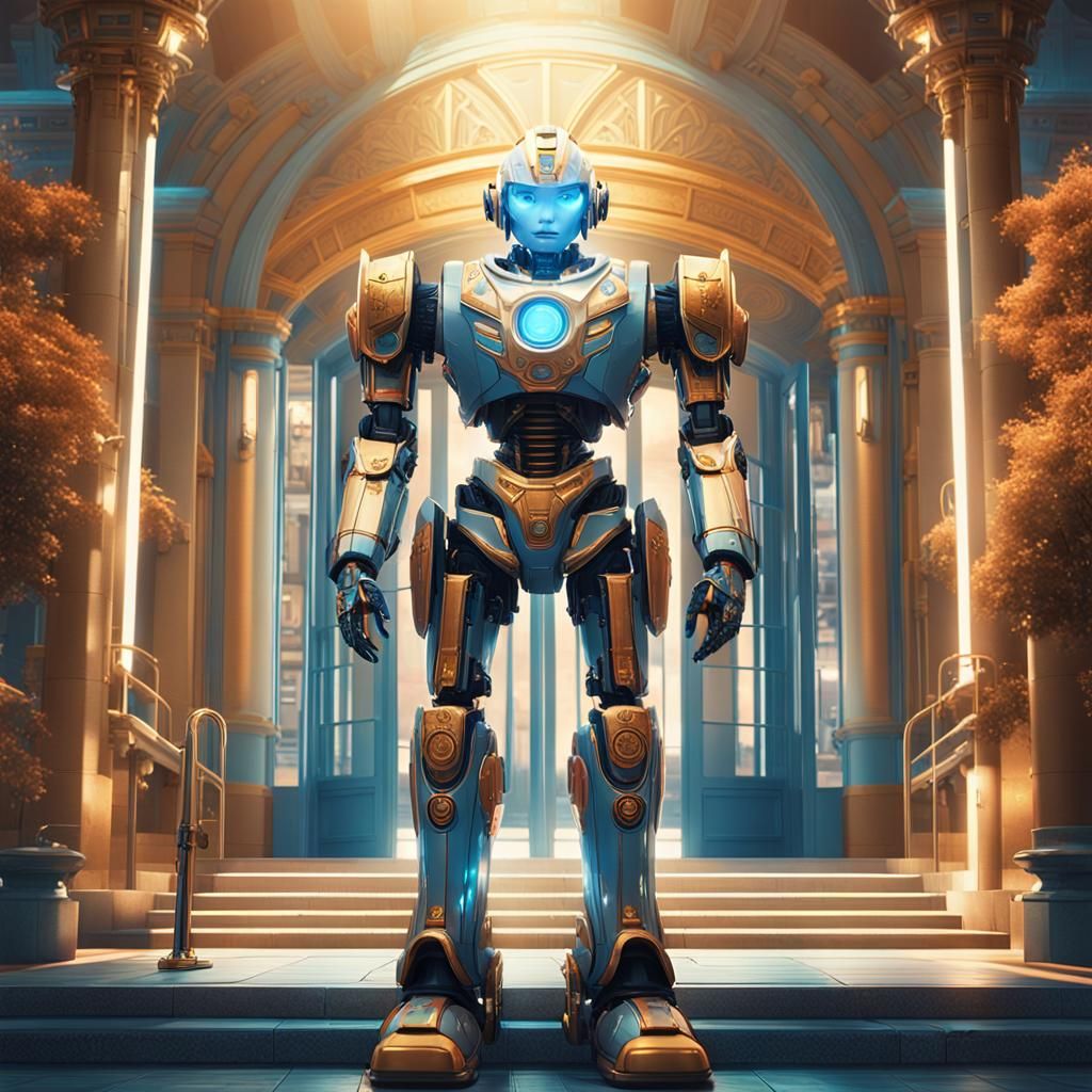 Humanoid Robot in Front of Ornate Hospital Entrance in Drama...