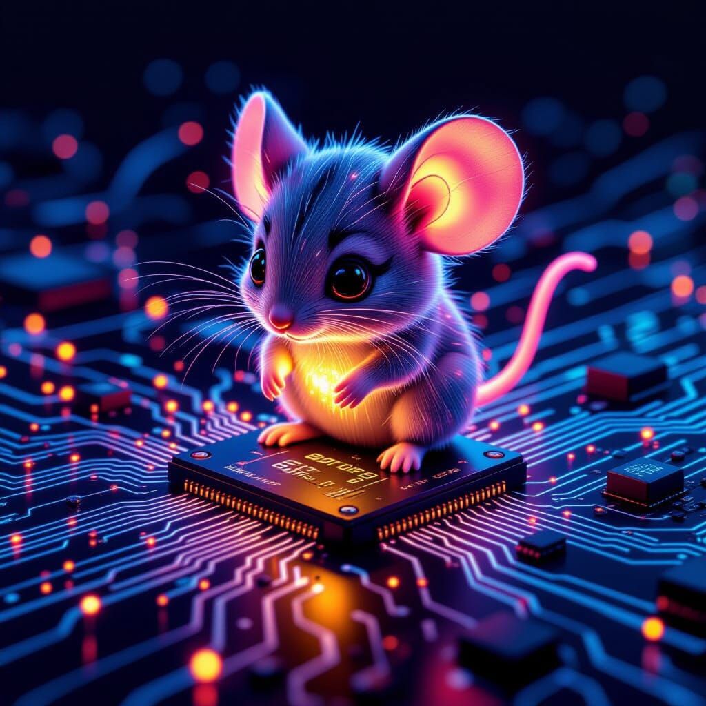 Adorable Chibi Circuit Mouse on Computer Board