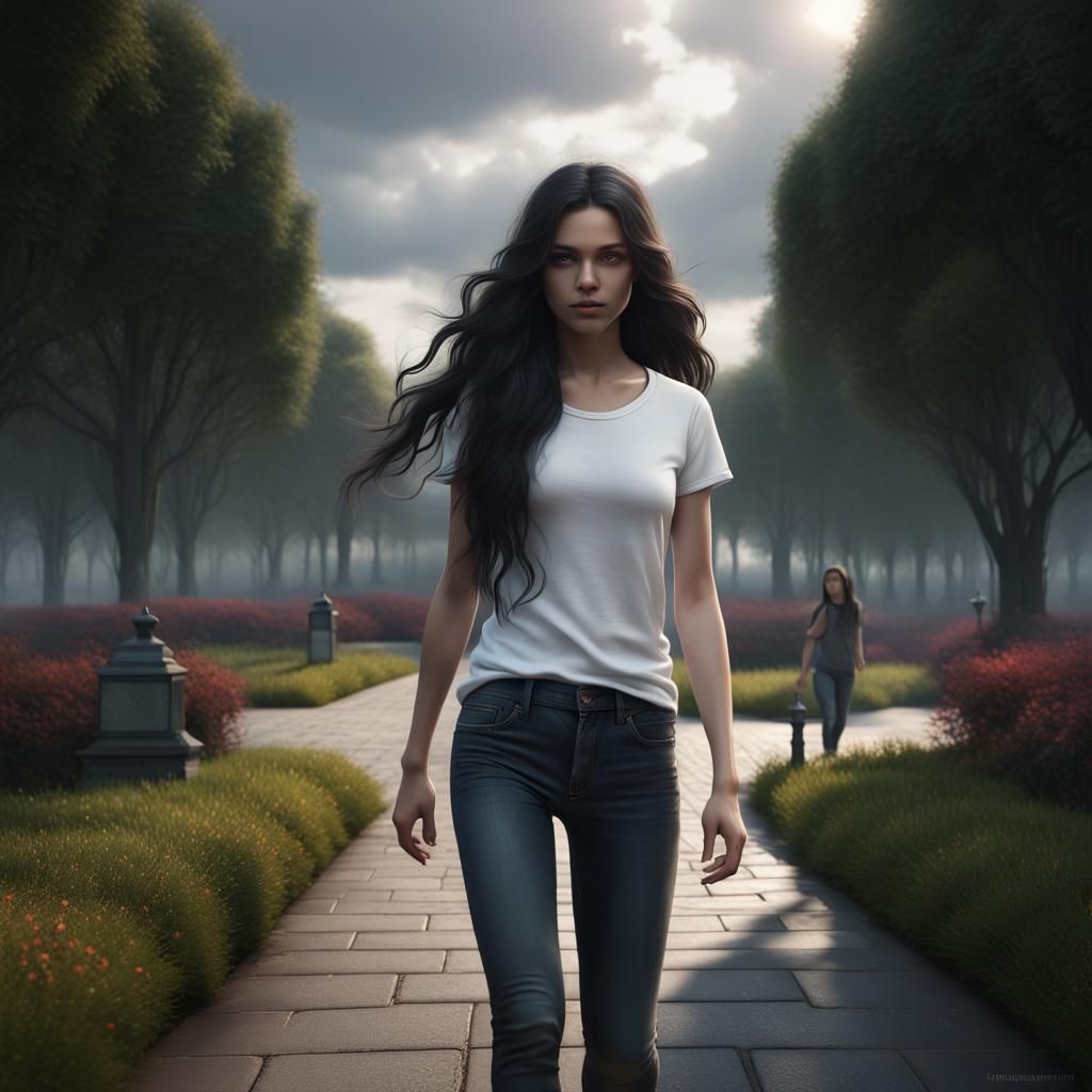 Teen Girl Walking in Park: Detailed Matte Painting