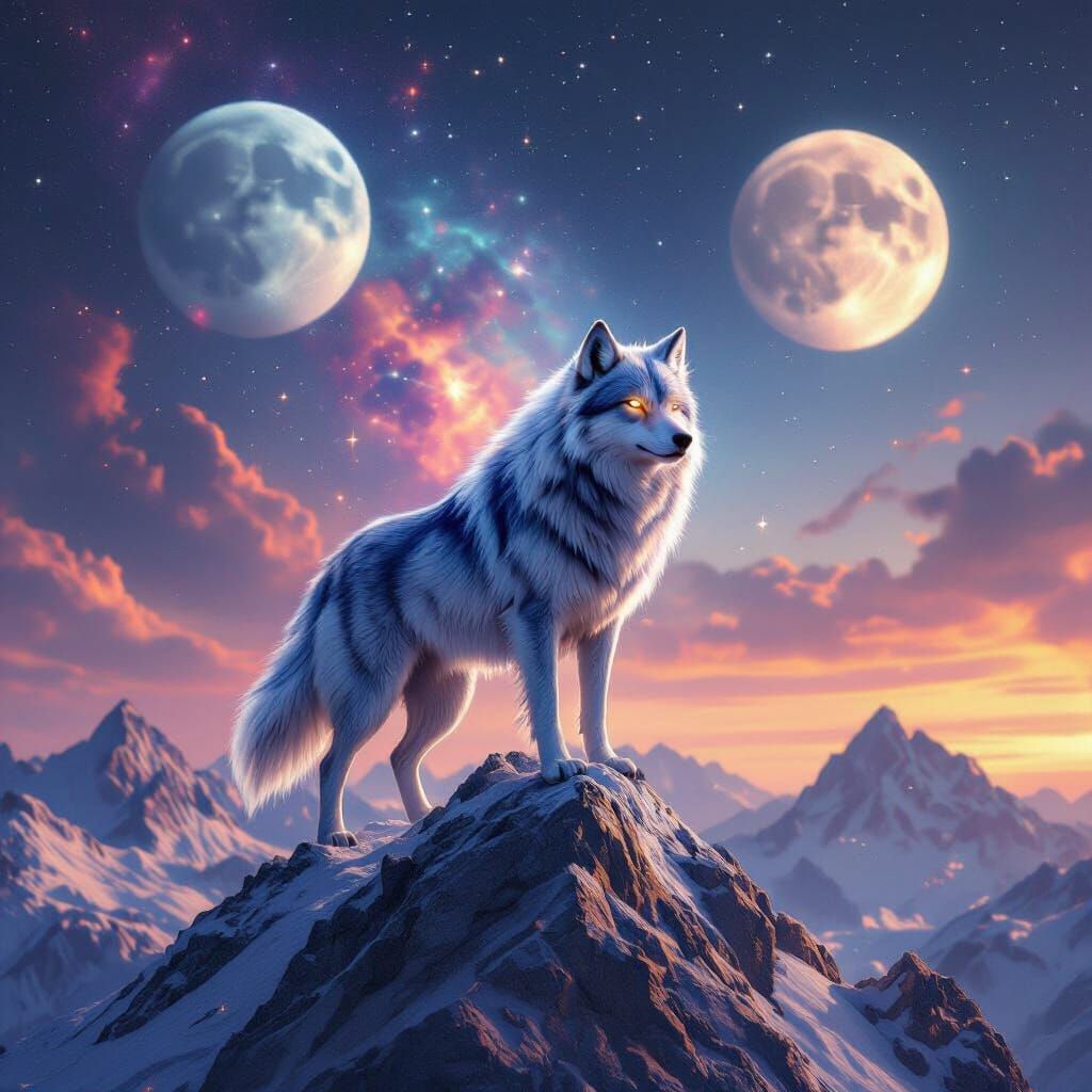 Ethereal Nebula Wolf on Crystalline Peak Under Galactic Sky