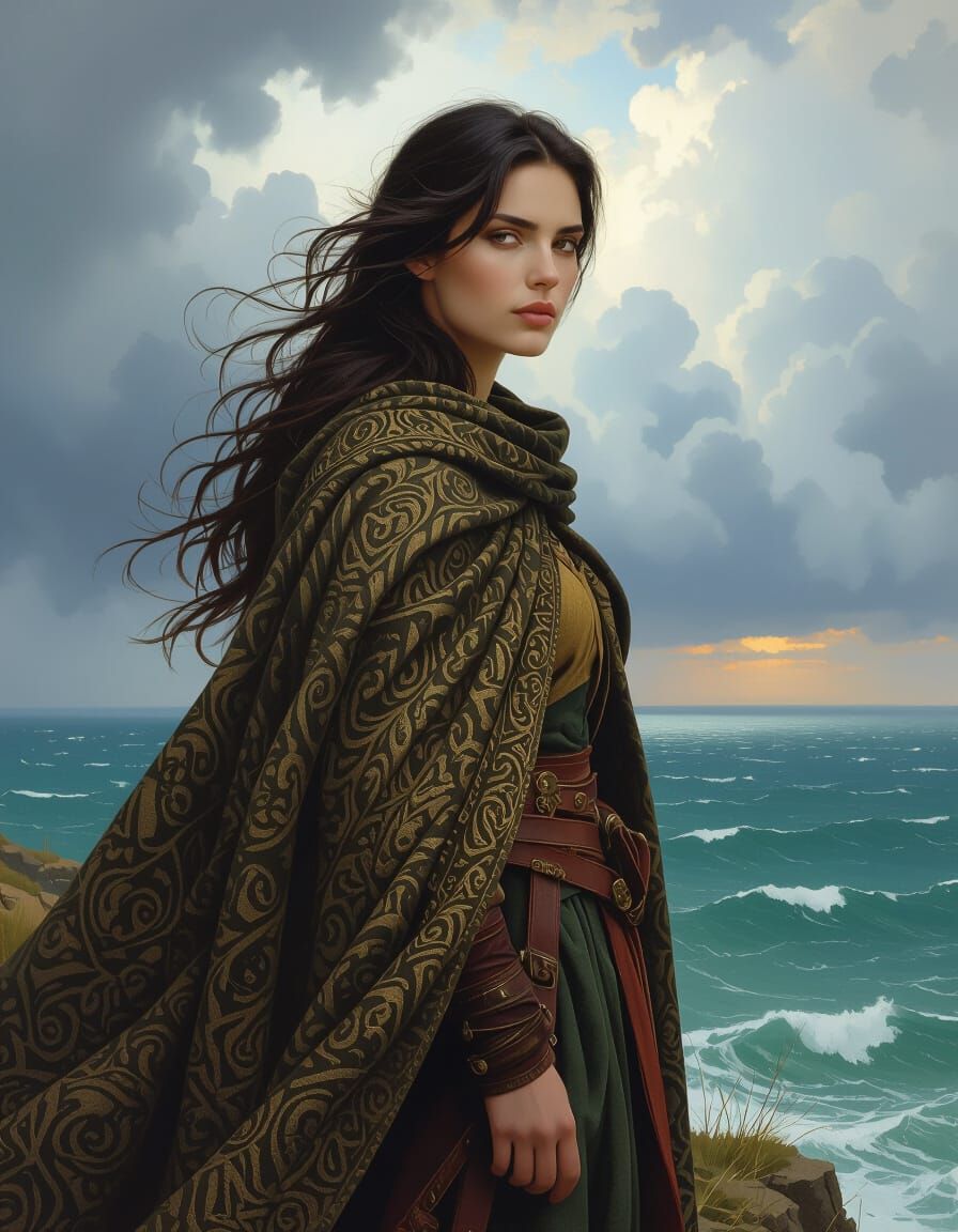 Woman on Windswept Cliff Overlooking Ancient Sea