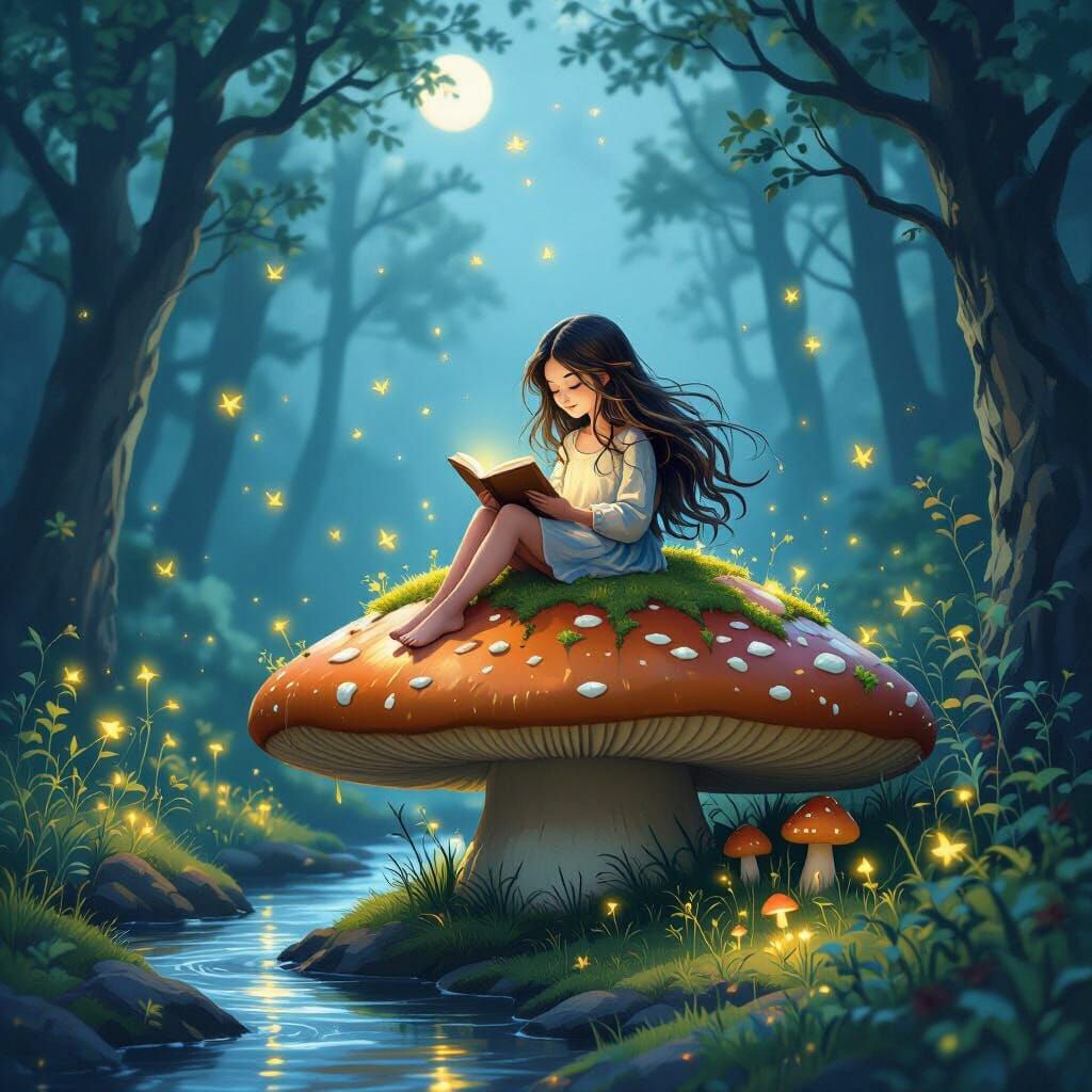 Magical Girl Reading on Mushroom in Twilight Forest
