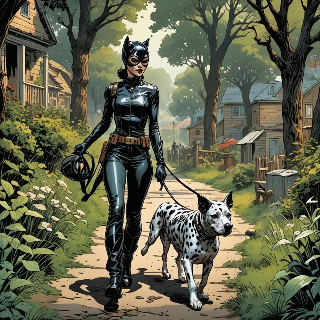 Catwoman Walks Dalmatian: Comic Book Art