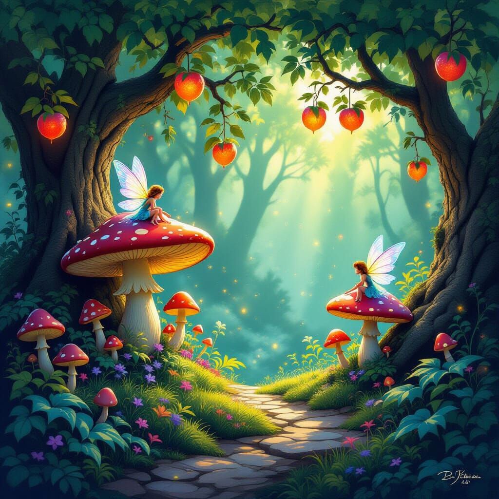 Magical Forest with Glowing Fairies and Luminous Fruit