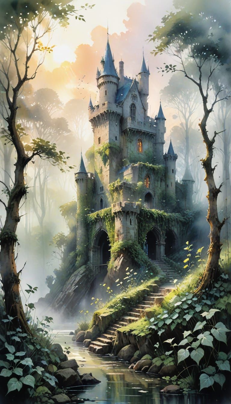 Ethereal Castle in Morning Mist, Watercolor Style