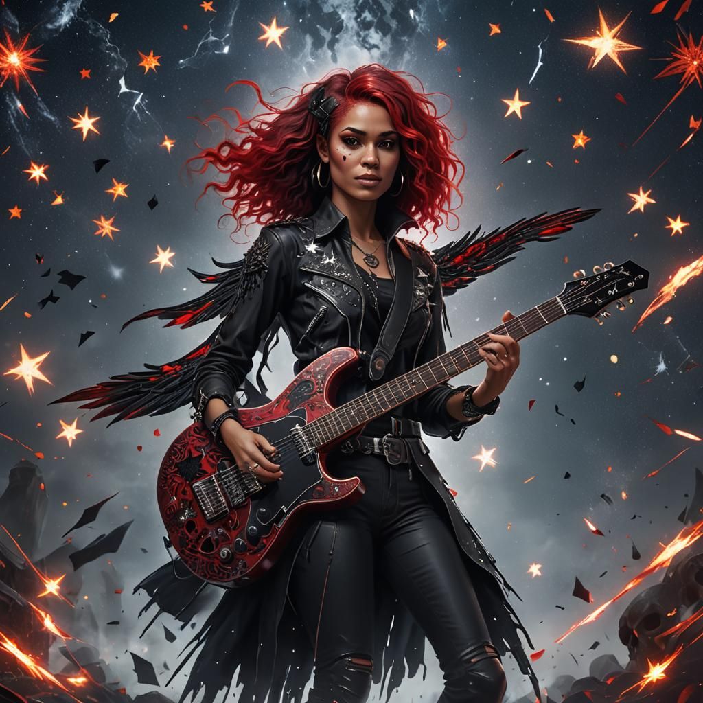 Winged Hair Woman with Electric Guitar