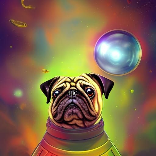 Cartoon Pug in Space on Alien Planet