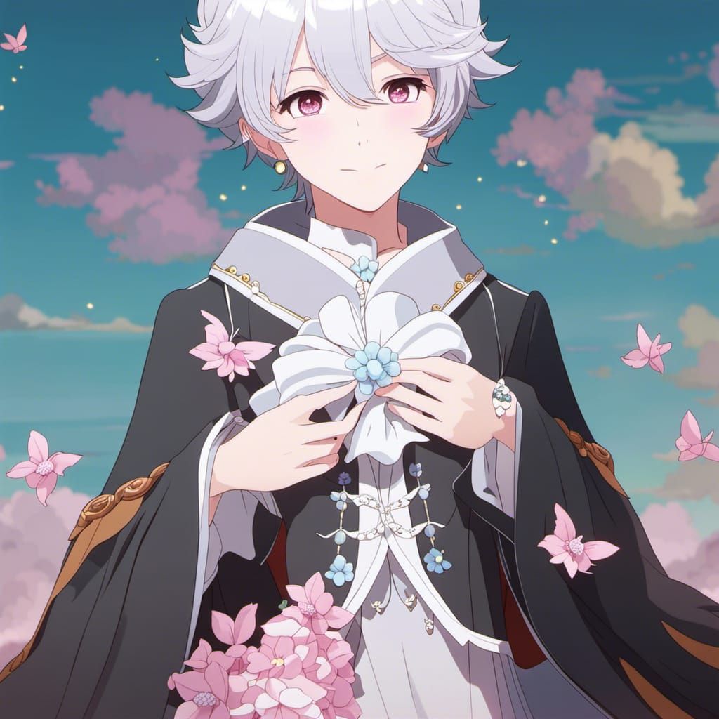 Anime Portrait of Transgender Youth with Flowers