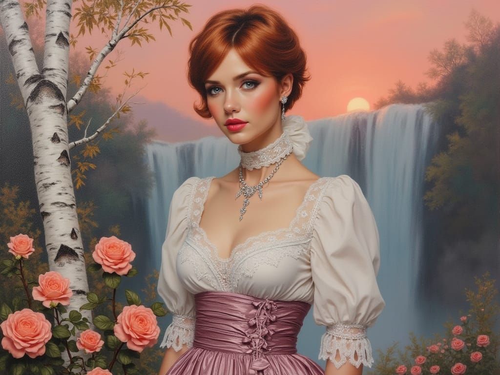 Realistic Oil Painting of Woman Among Roses