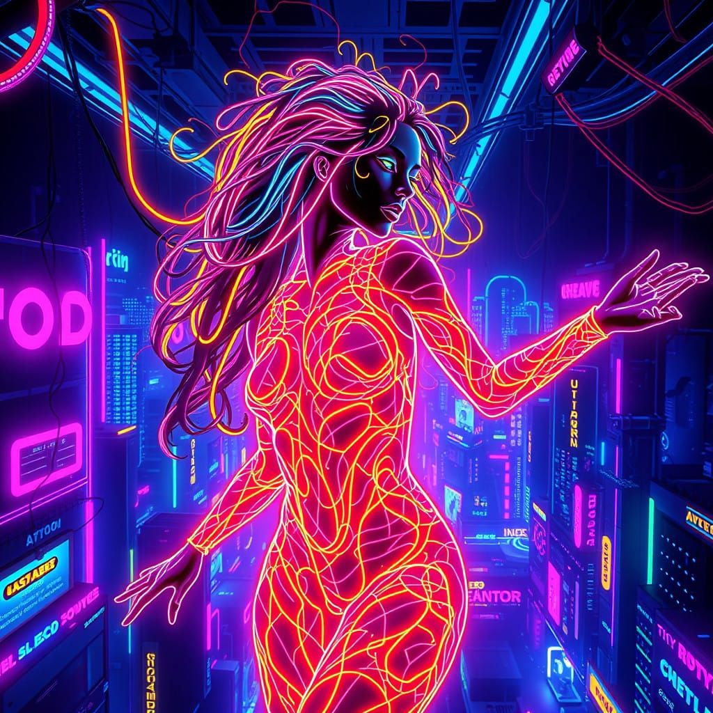 Neon Goddess in a Cyberpunk Dance Club