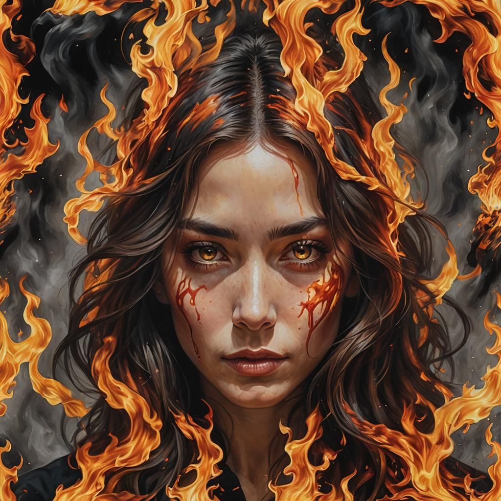 Ethereal Woman Engulfed in Flames: Photorealistic Portrait