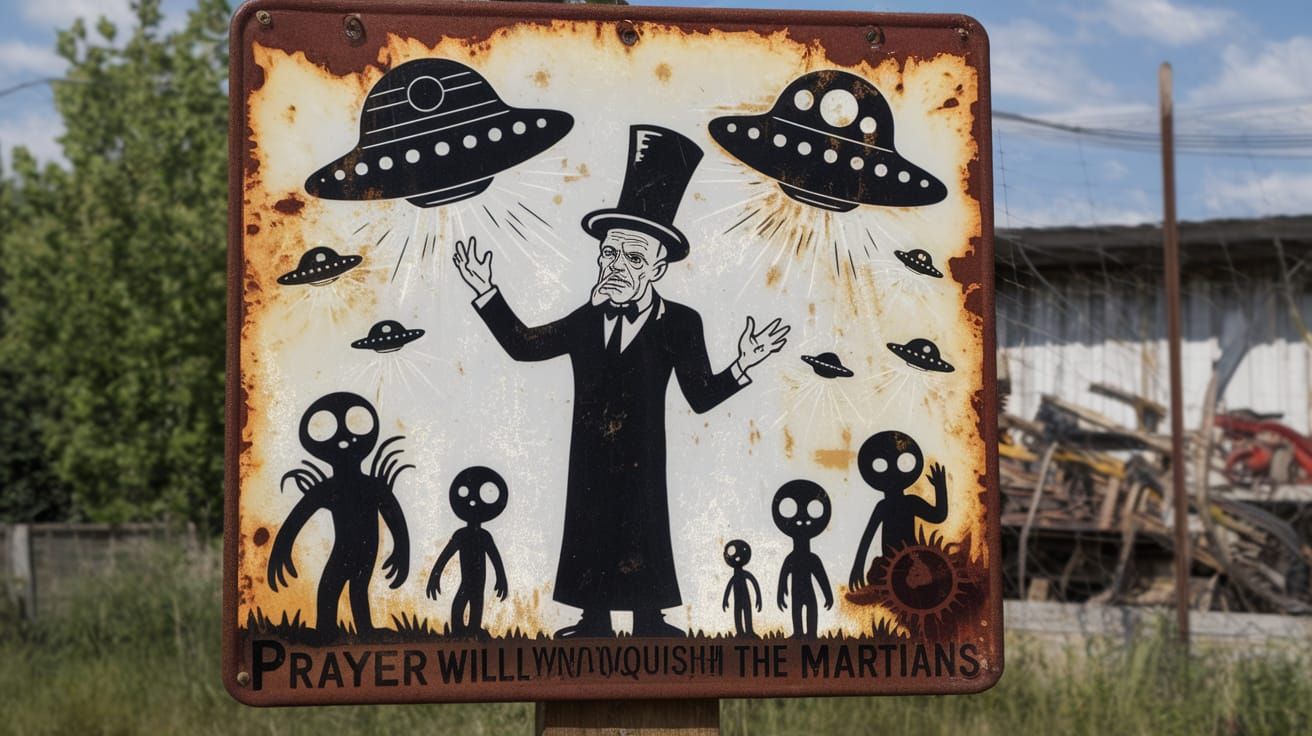 Rustic Enamel Sign Art: Prayer vs. Martian Invasion