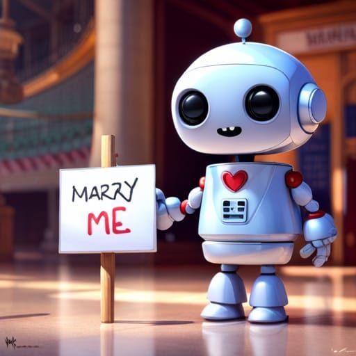 Adorable Robot's Proposal in Abandoned Mall, Hyperrealistic