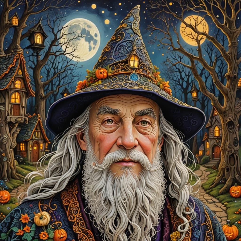 Wise Old Wizard in Magical Halloween Forest