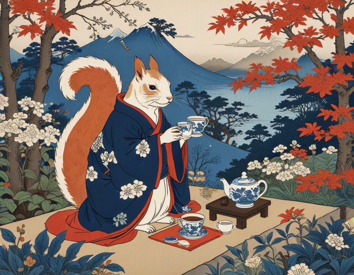 Red Squirrel Tea Party: Ukiyo-e Woodblock Print