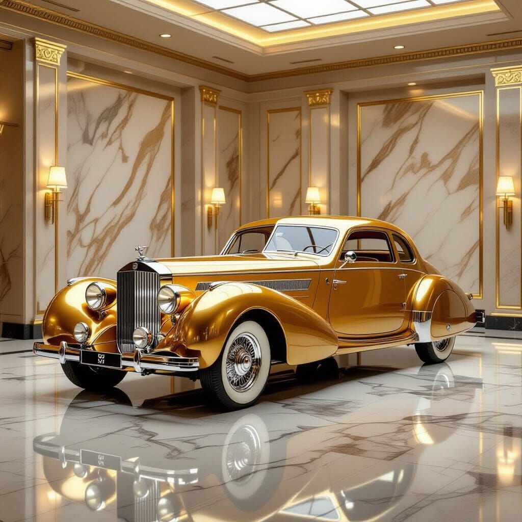 Art Deco Chrome Car in Golden Cityscape