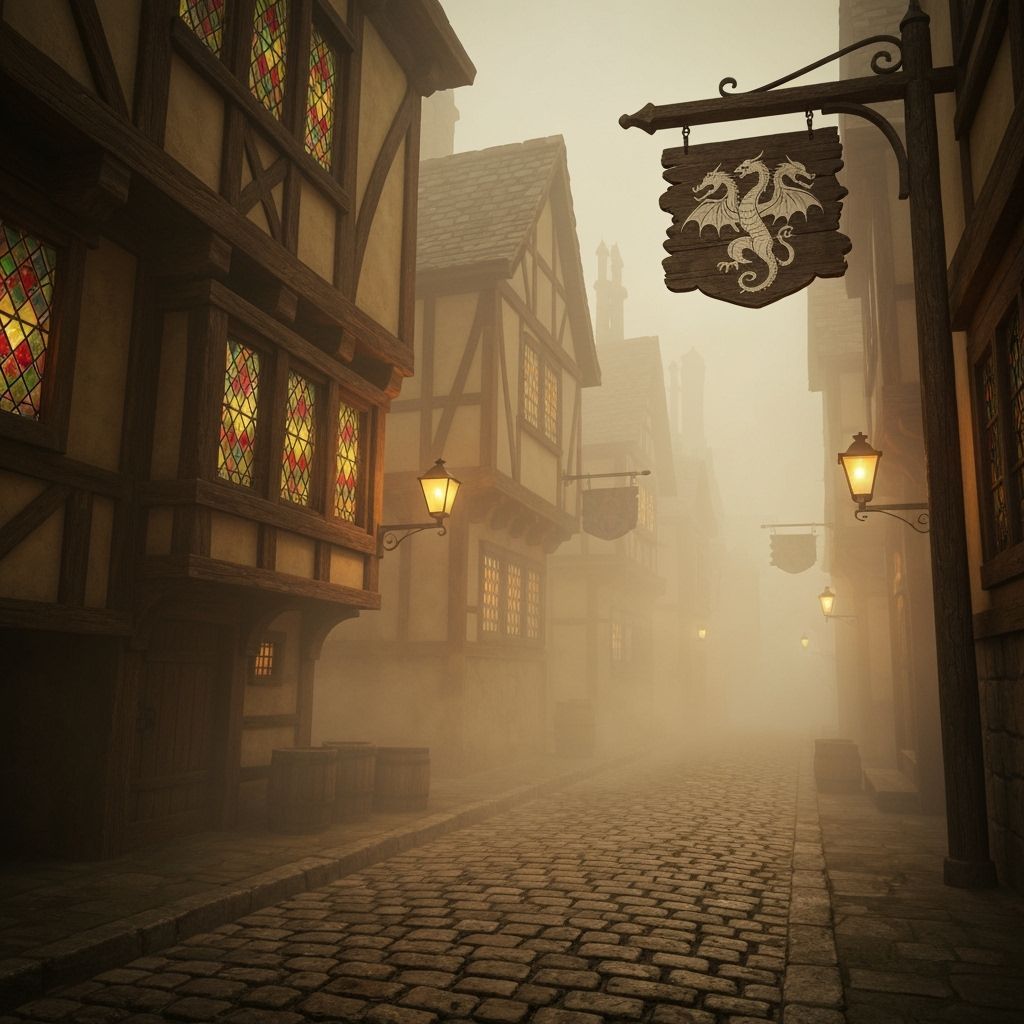 Misty Medieval Alleyway with Dragon Sign in Dark Fantasy Sty...