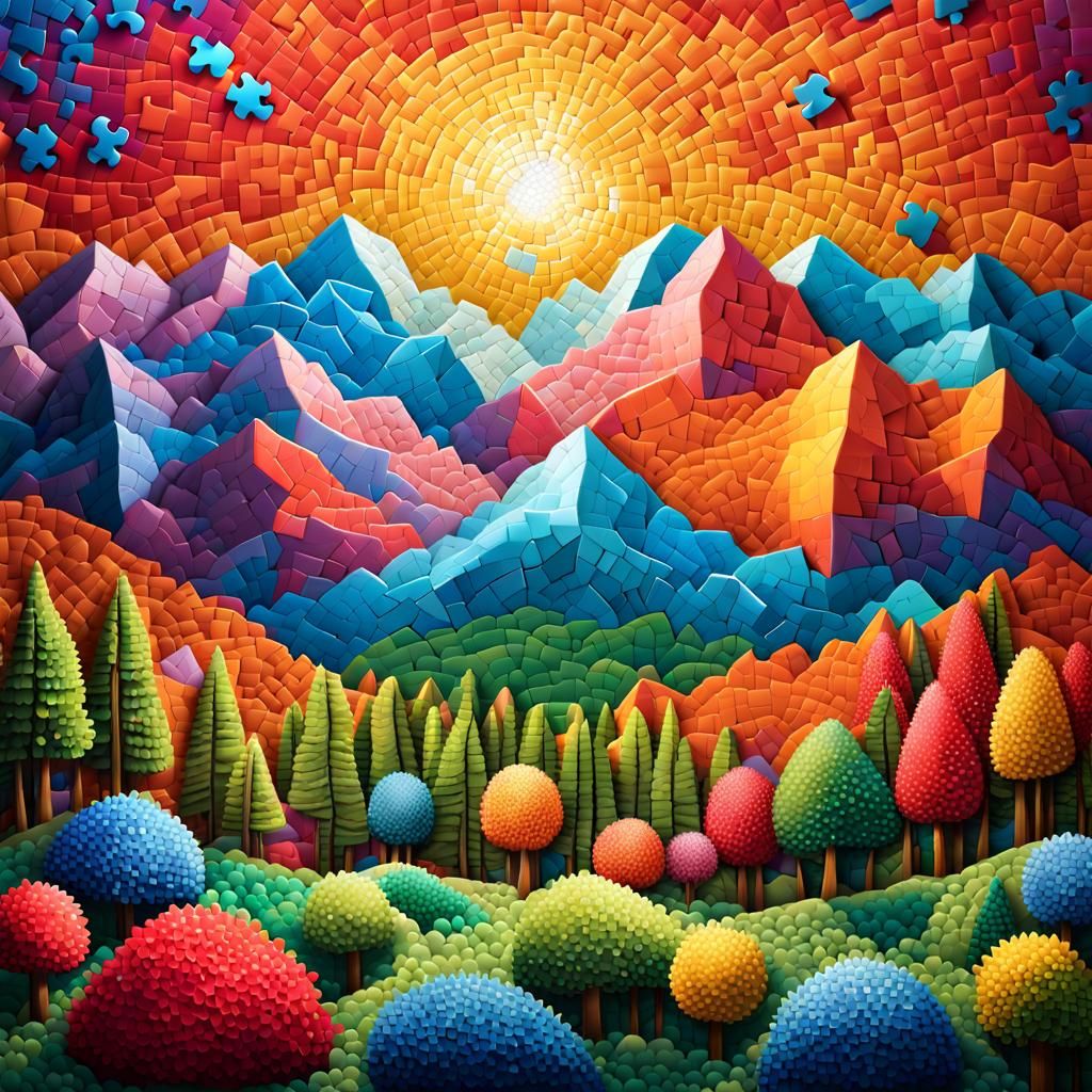 Mosaic Mountain Landscape in 3D Puzzle Style