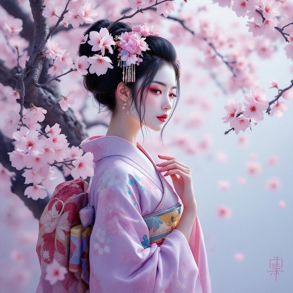 Geisha in Cherry Blossoms: Airbrush Masterpiece