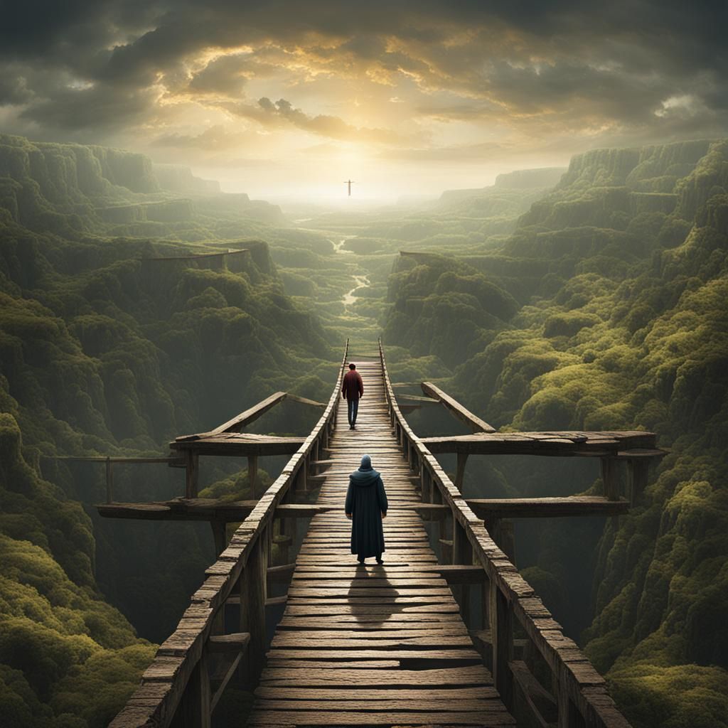 Man on Broken Bridge Reaching for Salvation