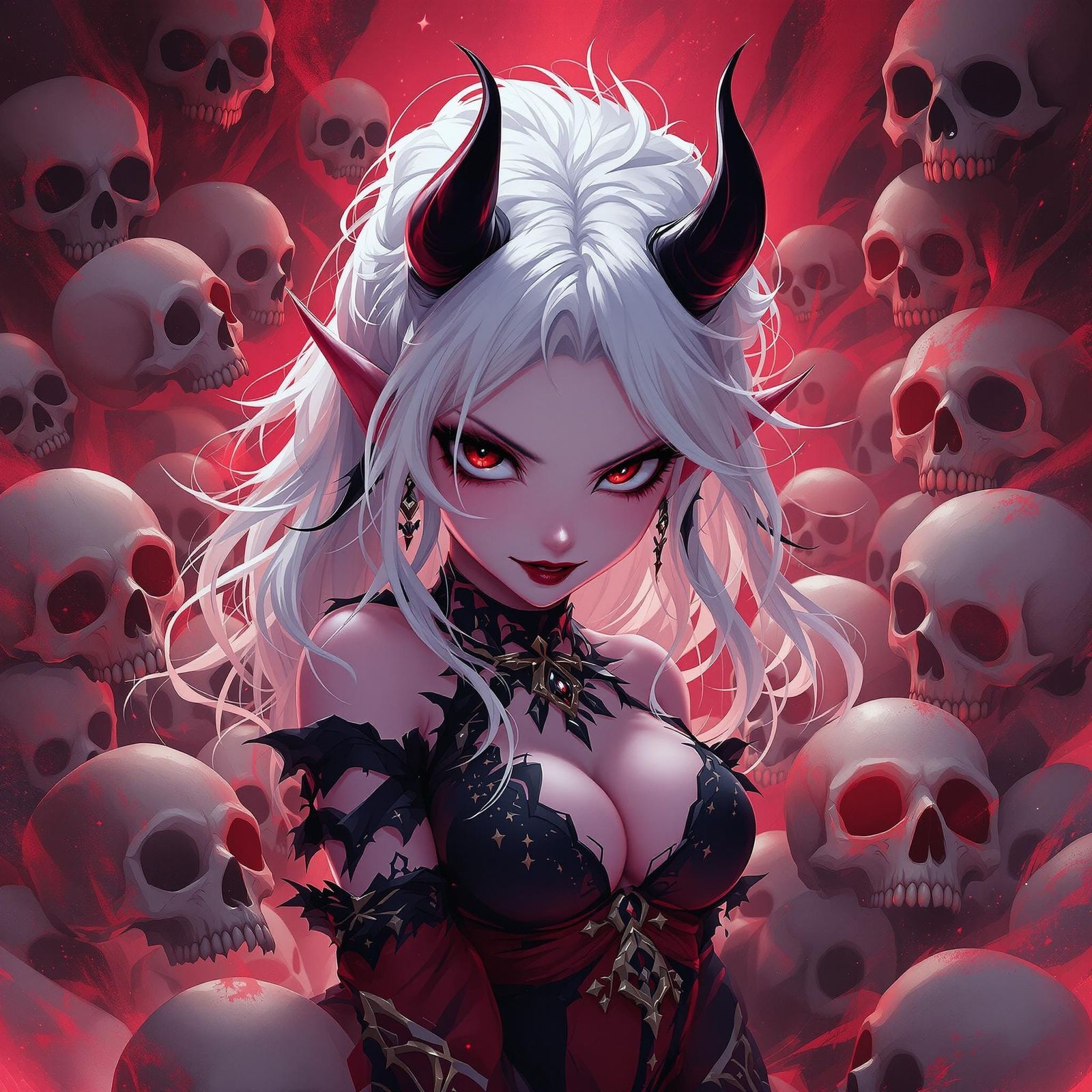 Anime Devil Woman Surrounded by Skulls in Studio Trigger Sty...